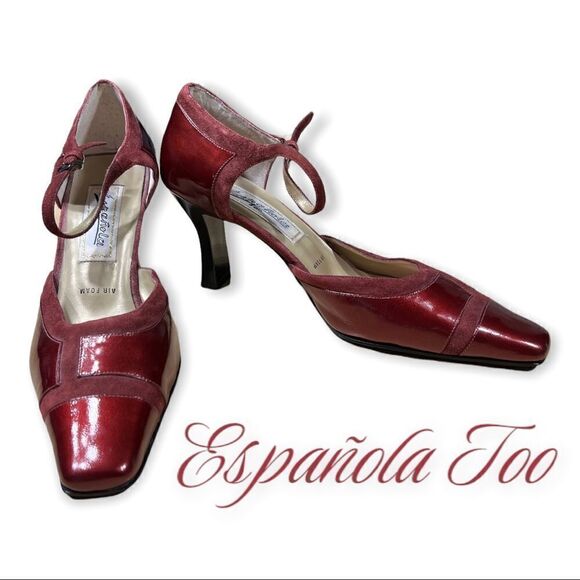 Española Too Burgundy Leather Heels Sz 9 Square Toe - Picture 1 of 8